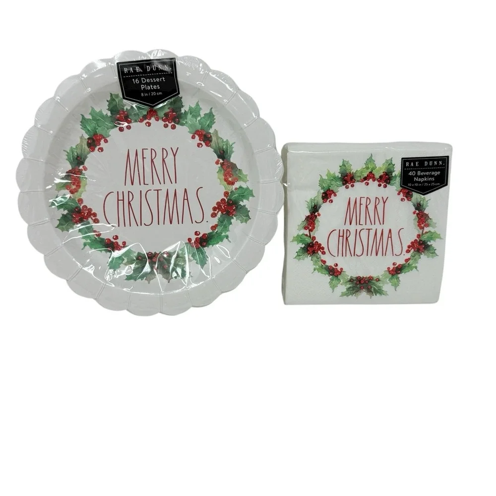 Rae Dunn Merry Christmas Wreath Design Party Ware Paper‎ Plates And Napkins New